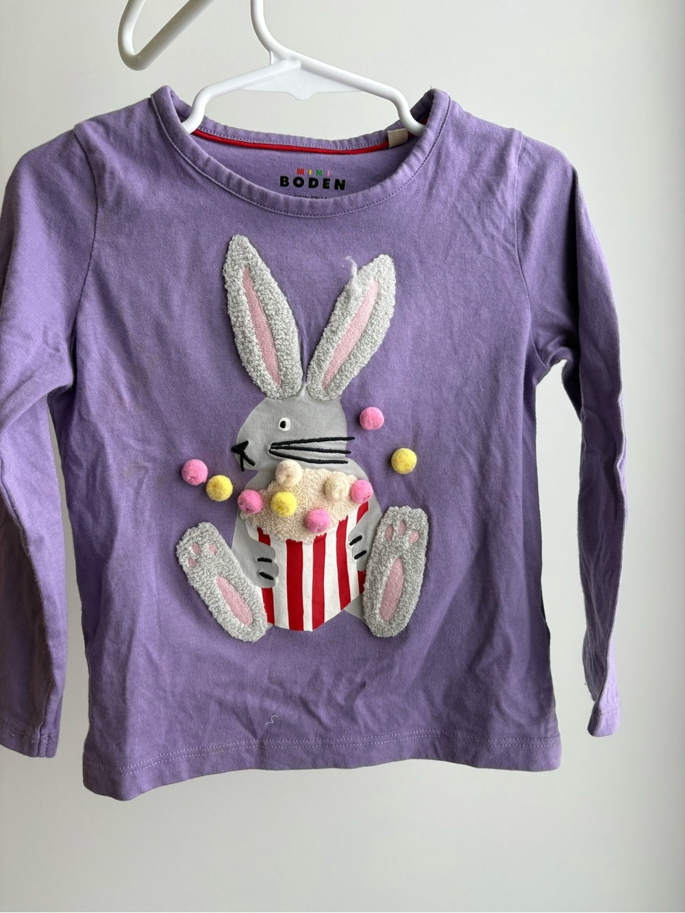 Mini Boden Lavender Long-Sleeve Tee with Bunny Popcorn Applique, Girla